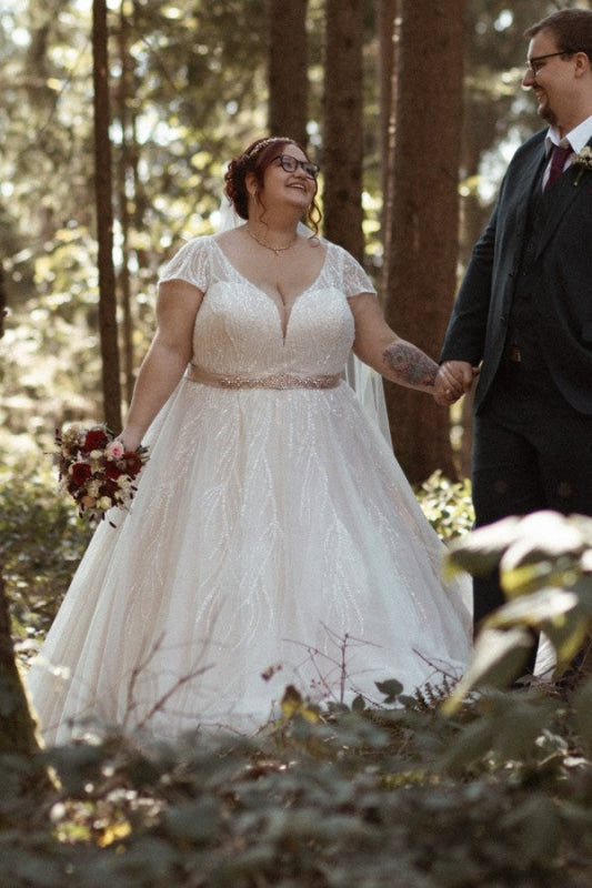 Plus Size Wedding Dresses Aline Cap Sleeves With Beadings