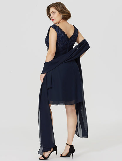 Aimishang A-Line Mother of the Bride Dress Classic & Timeless Plus Size Wrap Included V Neck Knee Length Chiffon Lace Sleeveless yes with Ruched Crystal Brooch