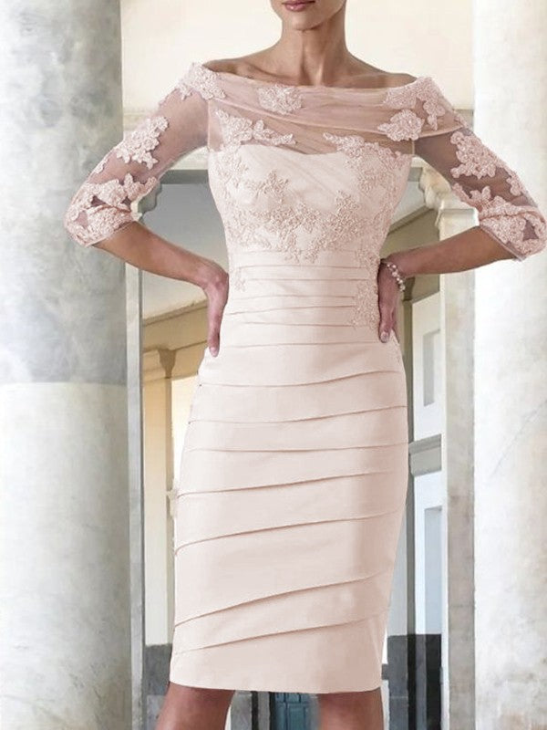 Elegant tight fitting straight tube satin decal 3/4 sleeve knee length bridal Mother of the Bride Dresses