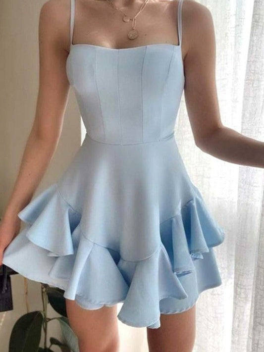 Unique Princess Style  Crepe Ruffle Edge Thin Shoulder Strap Sleeveless Short Homecoming Dress