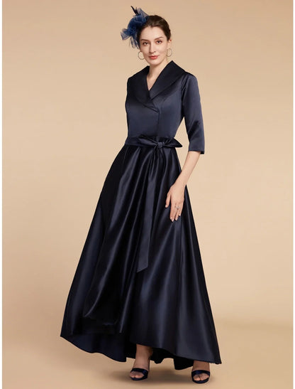 Aimishang  A-Line Mother of the Bride Dress Wedding Guest Elegant V Neck Ankle Length Satin Half Sleeve with Sash / Ribbon Ruching Solid Color