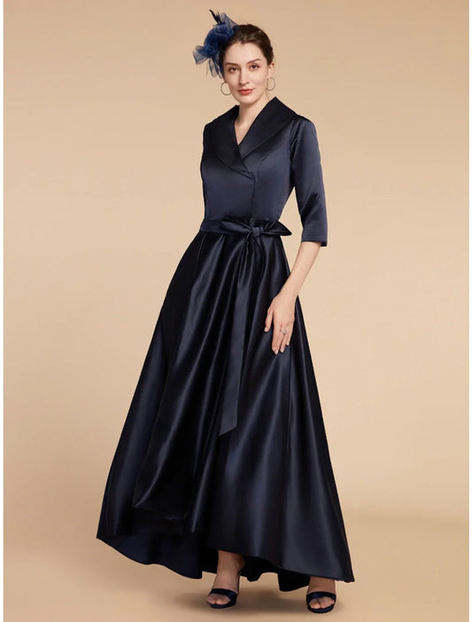 Aimishang  A-Line Mother of the Bride Dress Wedding Guest Elegant V Neck Ankle Length Satin Half Sleeve with Sash / Ribbon Ruching Solid Color