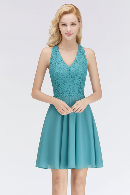V-Neck Knee Length Floral Lace Birdesmaid Dresses