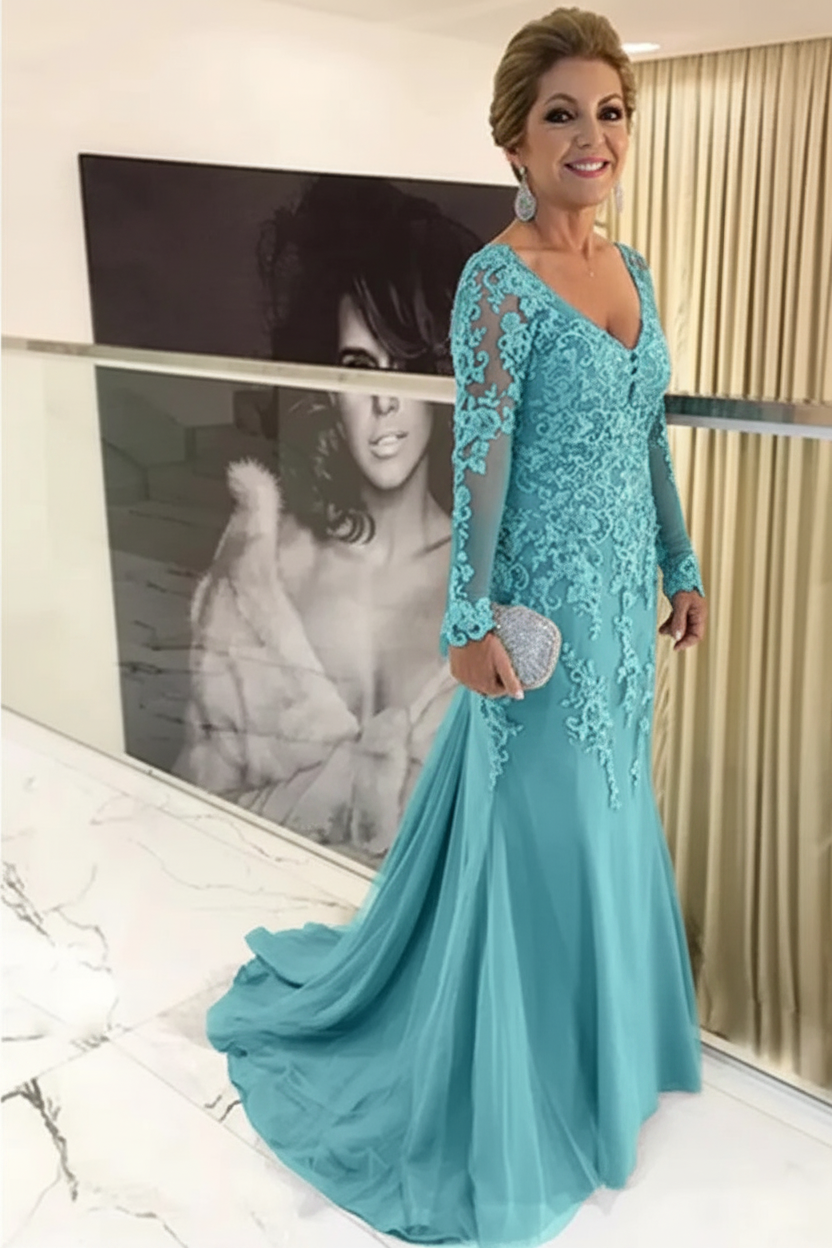 Elegant Long Sleeves Lace mother of the bride dress V-Neck