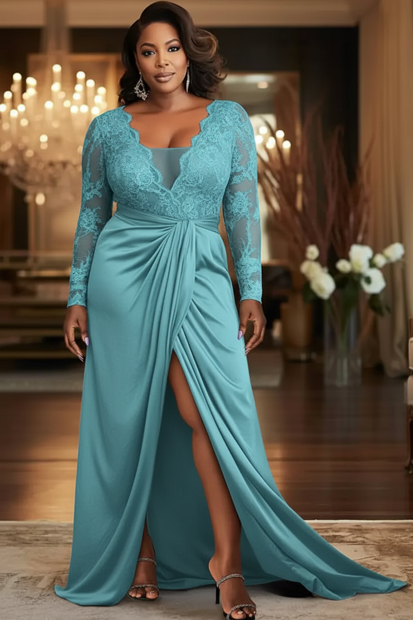 V-Neck Black Mother of the Bride Dress Long Sleeves lace Front Slit Wedding Guest Dress