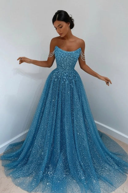 Sparkly Sky Blue Off-the-Shoulder Prom Dress Long with Sequins