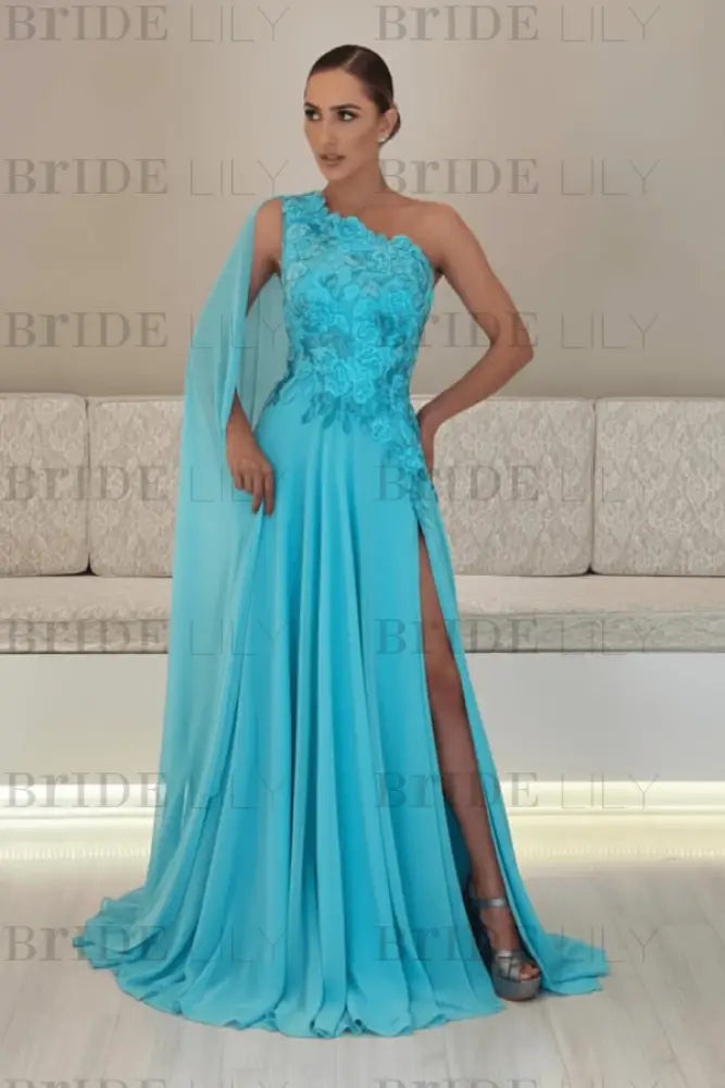 One-Shoulder Sleeveless Chiffon Evening Dresses Long with Side Slit