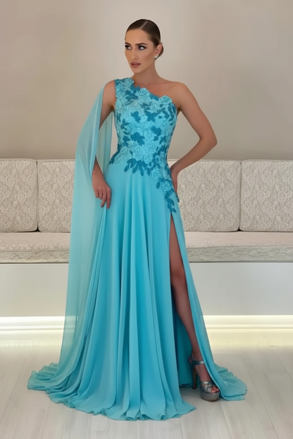 One-Shoulder Sleeveless Chiffon Evening Dresses Long with Side Slit