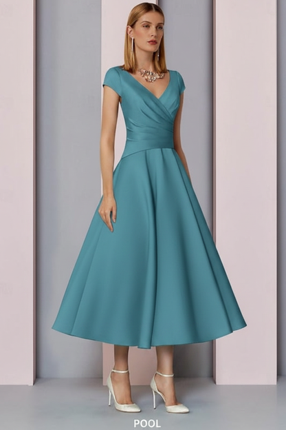 Navy Satin A-Line Mother of the Bride Dress V Neck Tea Length Wedding Guest Dress