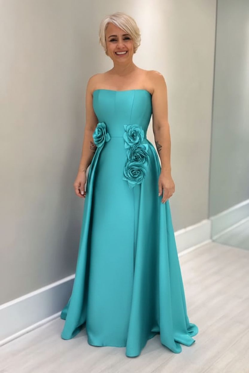 Dusty Blue Satin Mother of the Bride Dress Strapless with Flowers