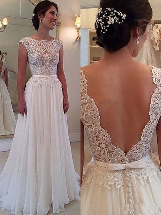 A-Line/Princess Scoop Sleeveless Applique Sweep/Brush Train Chiffon Dresses