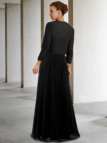 Two Piece A-Line Mother of the Bride Dress Plus Size Elegant V Neck Floor Length Chiffon Lace Sleeveless Wrap Included with Sash / Ribbon Pleats Appliques