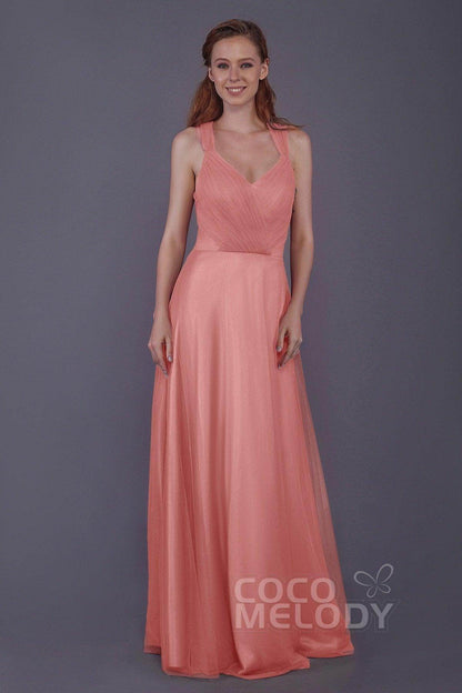 Sheath-Column Floor Length Tulle Bridesmaid Dress PR3496