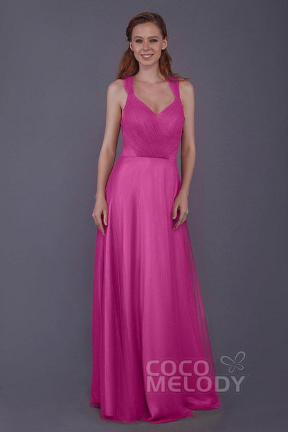 Sheath-Column Floor Length Tulle Bridesmaid Dress PR3496