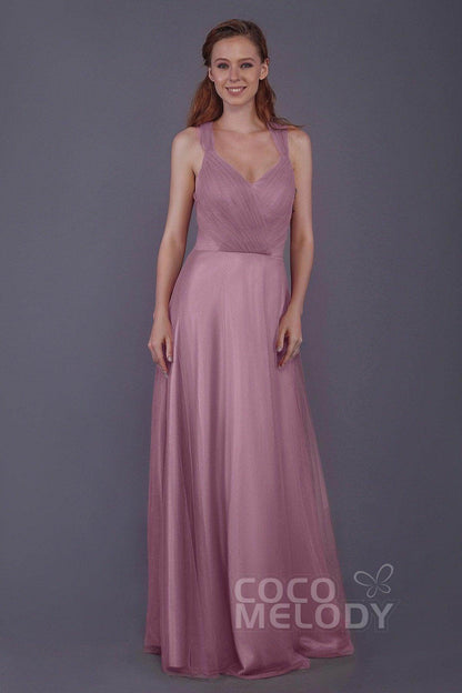 Sheath-Column Floor Length Tulle Bridesmaid Dress PR3496