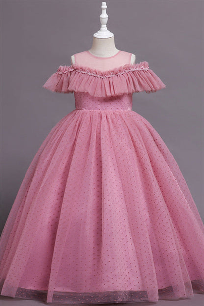 Pretty Dusty Pink Tulle Flower Girl Dress with Long Ruffle Sleeves and Spot