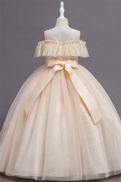 Pretty Dusty Pink Tulle Flower Girl Dress with Long Ruffle Sleeves and Spot