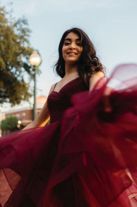 High Low Burgundy Prom Dress Sweetheart Fluffy Aline Evening Dress