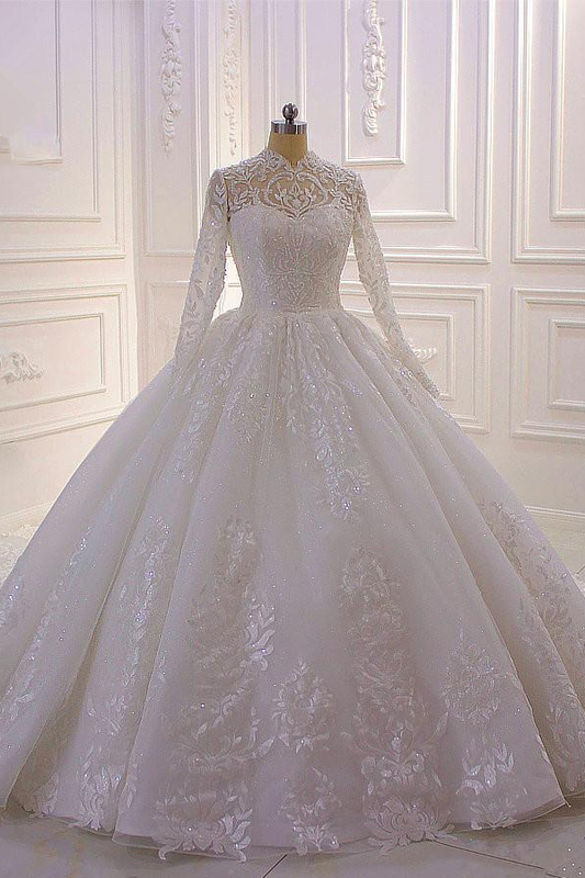 Pretty High Neck Long Sleeve Wedding Dress With Appliques, Ruffles, Lace, Pearl & Sequins