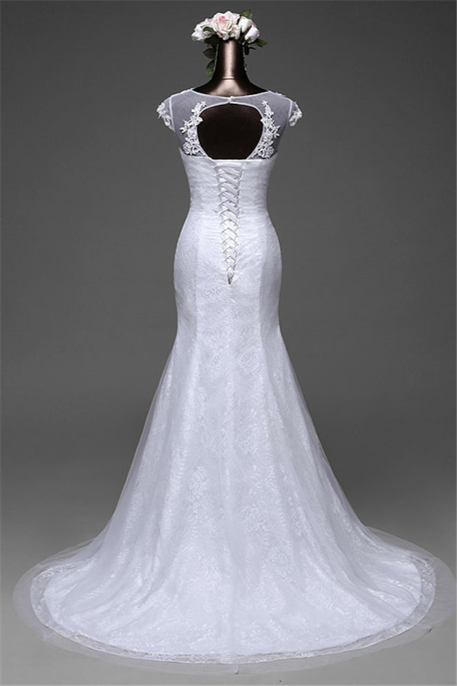 Pretty Jewel Lace Long Mermaid Wedding Dress With Overskirt