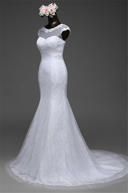Pretty Jewel Lace Long Mermaid Wedding Dress With Overskirt