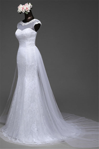 Pretty Jewel Lace Long Mermaid Wedding Dress With Overskirt