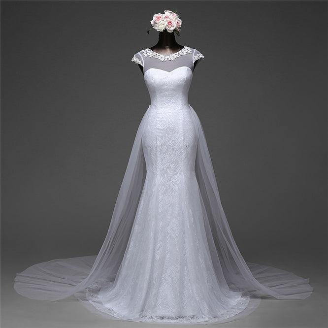 Pretty Jewel Lace Long Mermaid Wedding Dress With Overskirt