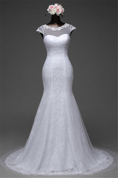 Pretty Jewel Lace Long Mermaid Wedding Dress With Overskirt