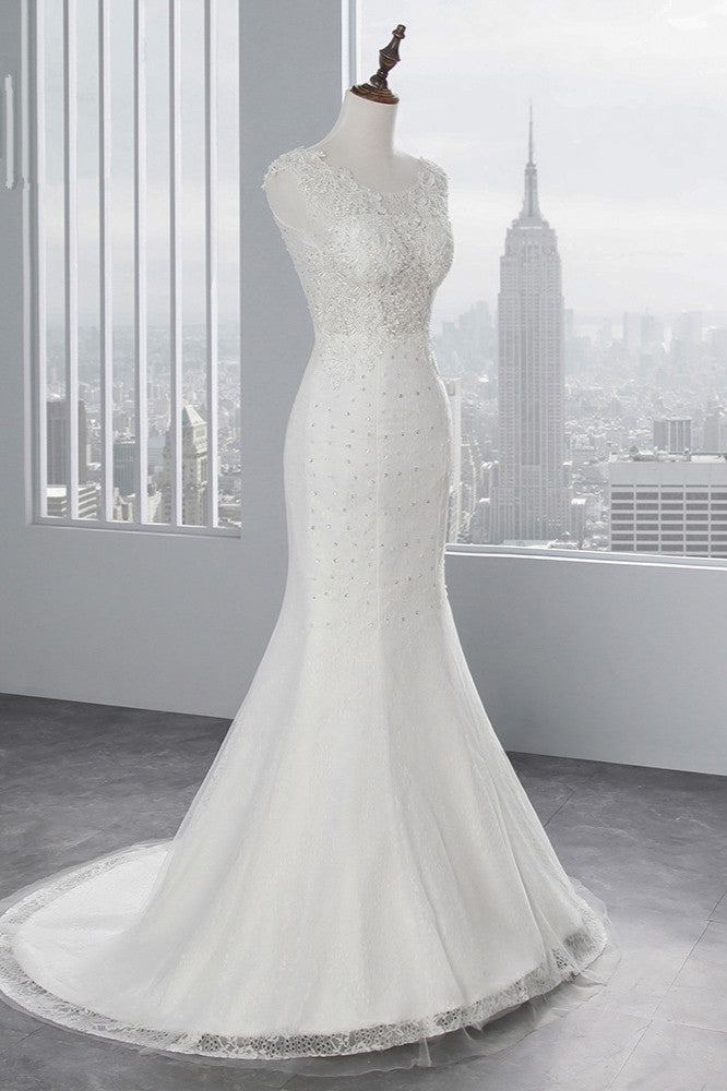 Pretty Jewel Sleeveless Long Mermaid Wedding Dress with Lace Appliques