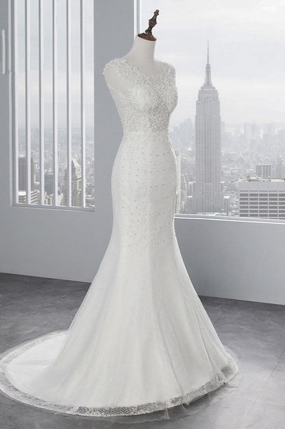 Pretty Jewel Sleeveless Long Mermaid Wedding Dress with Lace Appliques