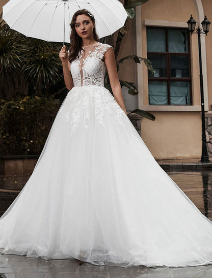Lace Aline Wedding Dress Sleeveless Tulle Satin Applique Wedding Gown