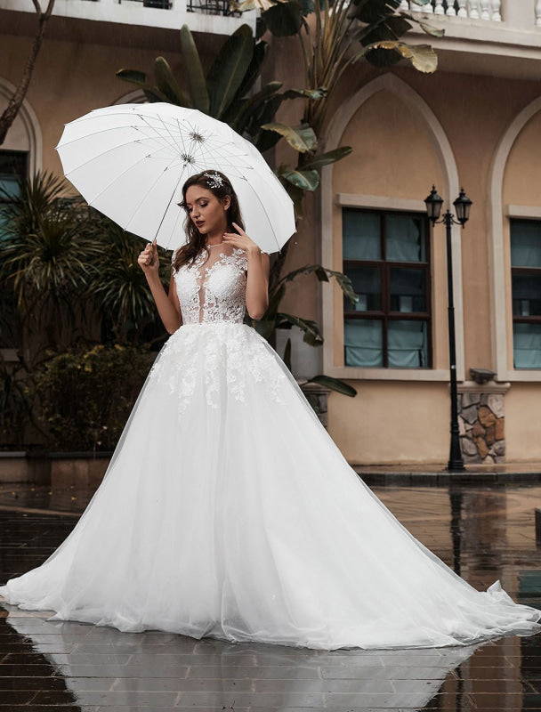 Lace Aline Wedding Dress Sleeveless Tulle Satin Applique Wedding Gown