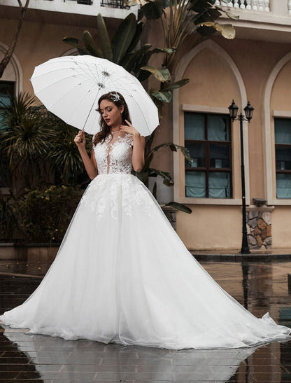 Lace Aline Wedding Dress Sleeveless Tulle Satin Applique Wedding Gown