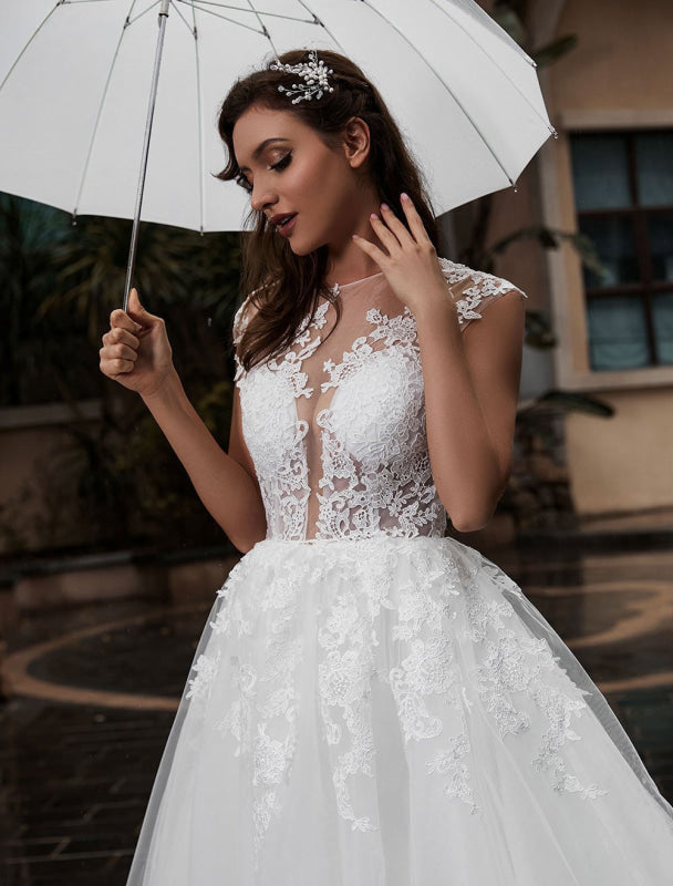 Lace Aline Wedding Dress Sleeveless Tulle Satin Applique Wedding Gown