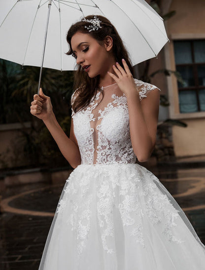 Lace Aline Wedding Dress Sleeveless Tulle Satin Applique Wedding Gown