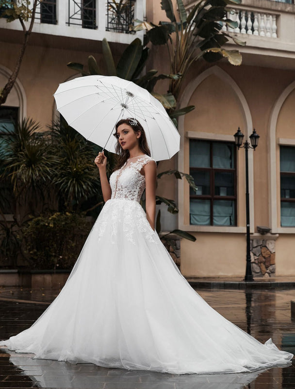 Lace Aline Wedding Dress Sleeveless Tulle Satin Applique Wedding Gown
