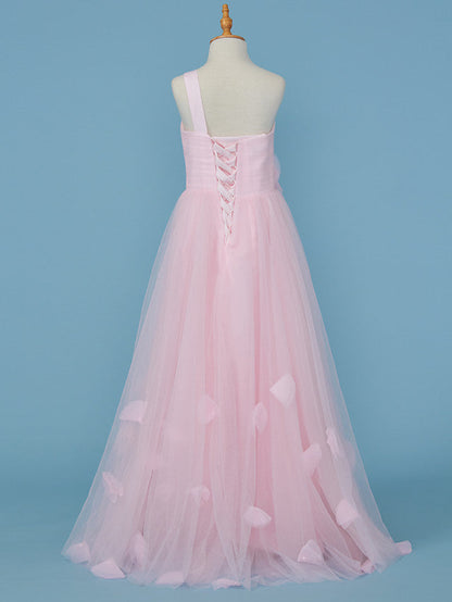 Princess A-Line One Shoulder Flower Girl Dress With Pleats and Appliques