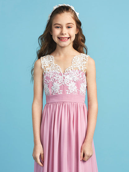 Princess A-Line Queen Anne Floor Length Chiffon Lace Junior Flower Girl Dress With Lace Pleats