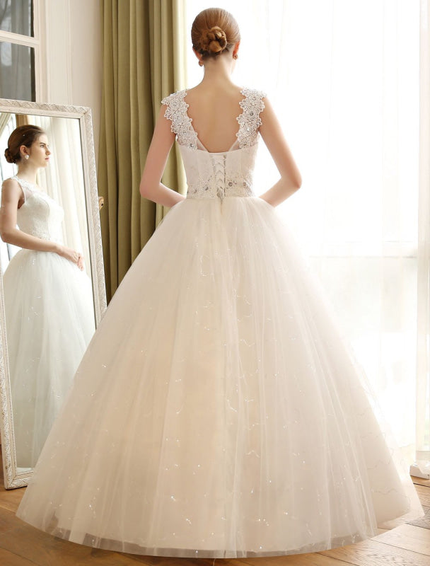 Princess Ball Gown Wedding Dresses Lace Applique Backless Beaded Sash Sequin Floor Length Ivory Bridal Dress