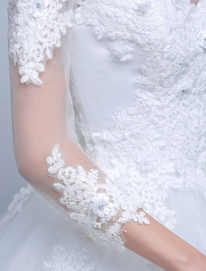 Princess Ball Gown Wedding Dresses Long Sleeve Lace Illusion Ivory Floor Length Bridal Dress