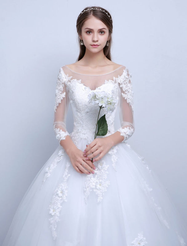 Princess Ball Gown Wedding Dresses Long Sleeve Lace Illusion Ivory Floor Length Bridal Dress