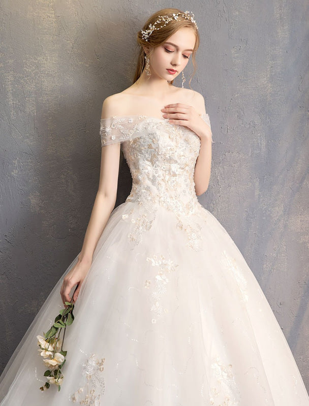 Princess Ball Gown Wedding Dresses Off The Shoulder Ivory Lace Beaded Floor Length Bridal Dress