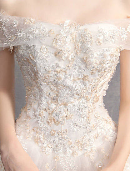 Princess Ball Gown Wedding Dresses Off The Shoulder Ivory Lace Beaded Floor Length Bridal Dress