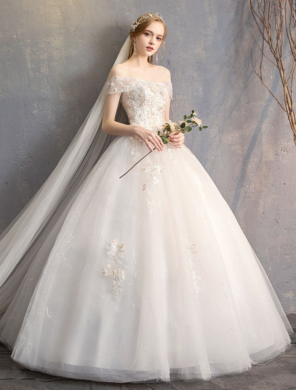 Princess Ball Gown Wedding Dresses Off The Shoulder Ivory Lace Beaded Floor Length Bridal Dress