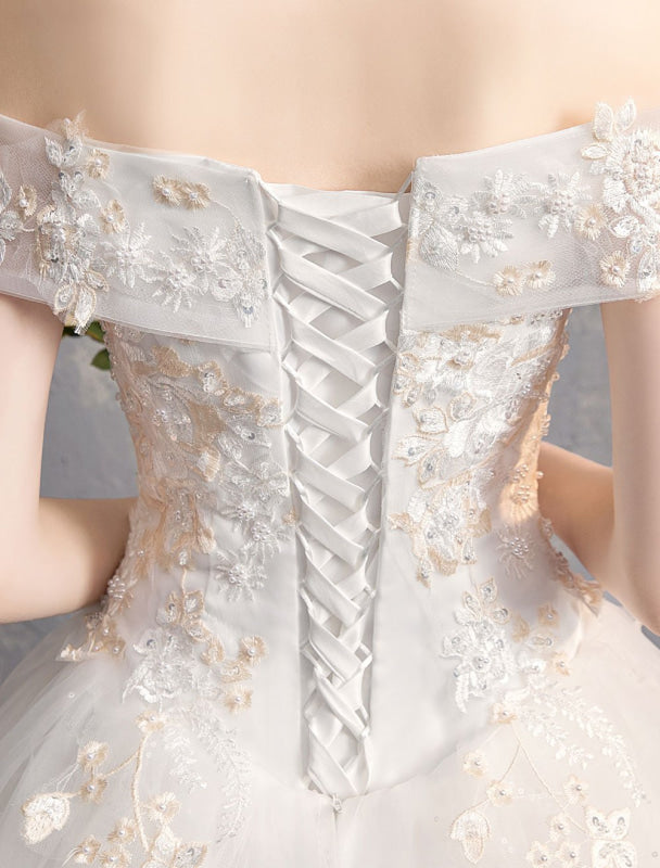 Princess Ball Gown Wedding Dresses Off The Shoulder Ivory Lace Beaded Floor Length Bridal Dress