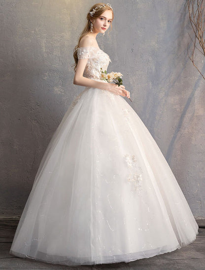 Princess Ball Gown Wedding Dresses Off The Shoulder Ivory Lace Beaded Floor Length Bridal Dress