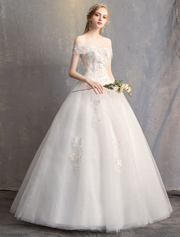 Princess Ball Gown Wedding Dresses Off The Shoulder Ivory Lace Beaded Floor Length Bridal Dress