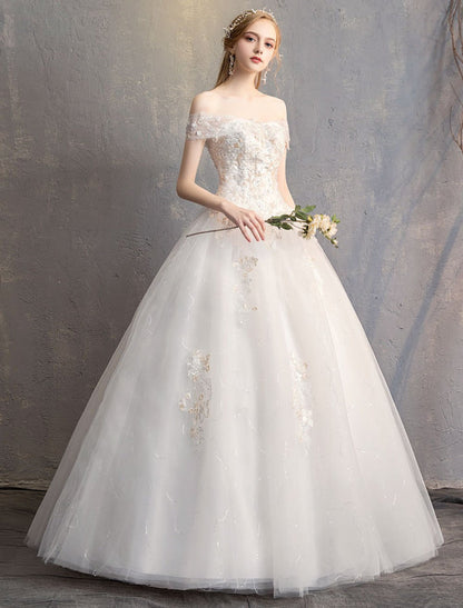 Princess Ball Gown Wedding Dresses Off The Shoulder Ivory Lace Beaded Floor Length Bridal Dress