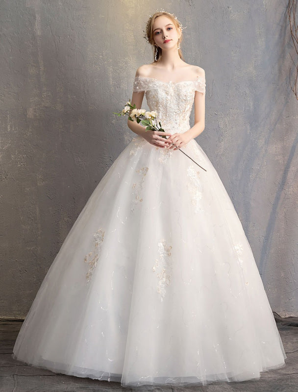 Princess Ball Gown Wedding Dresses Off The Shoulder Ivory Lace Beaded Floor Length Bridal Dress