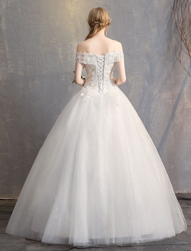 Princess Ball Gown Wedding Dresses Off The Shoulder Ivory Lace Beaded Floor Length Bridal Dress
